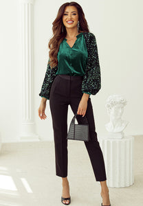 Sequin Notched Long Sleeve Blouse (2 color options)