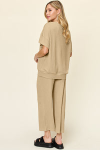 Texture Round Neck Short Sleeve T-Shirt and Wide Leg Pants (multiple color options)