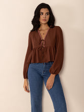 Load image into Gallery viewer, Peplum Tied V-Neck Long Sleeve Blouse
