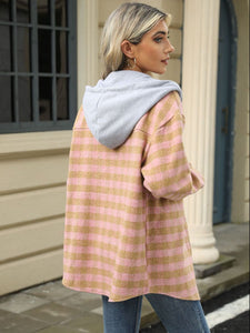 Drawstring Plaid Long Sleeve Hooded Jacket (multiple color options)