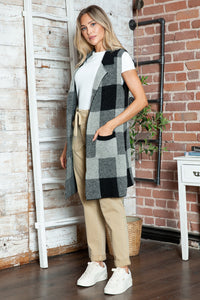 Plaid Lapel Collar Sleeveless Cardigan (multiple color options)