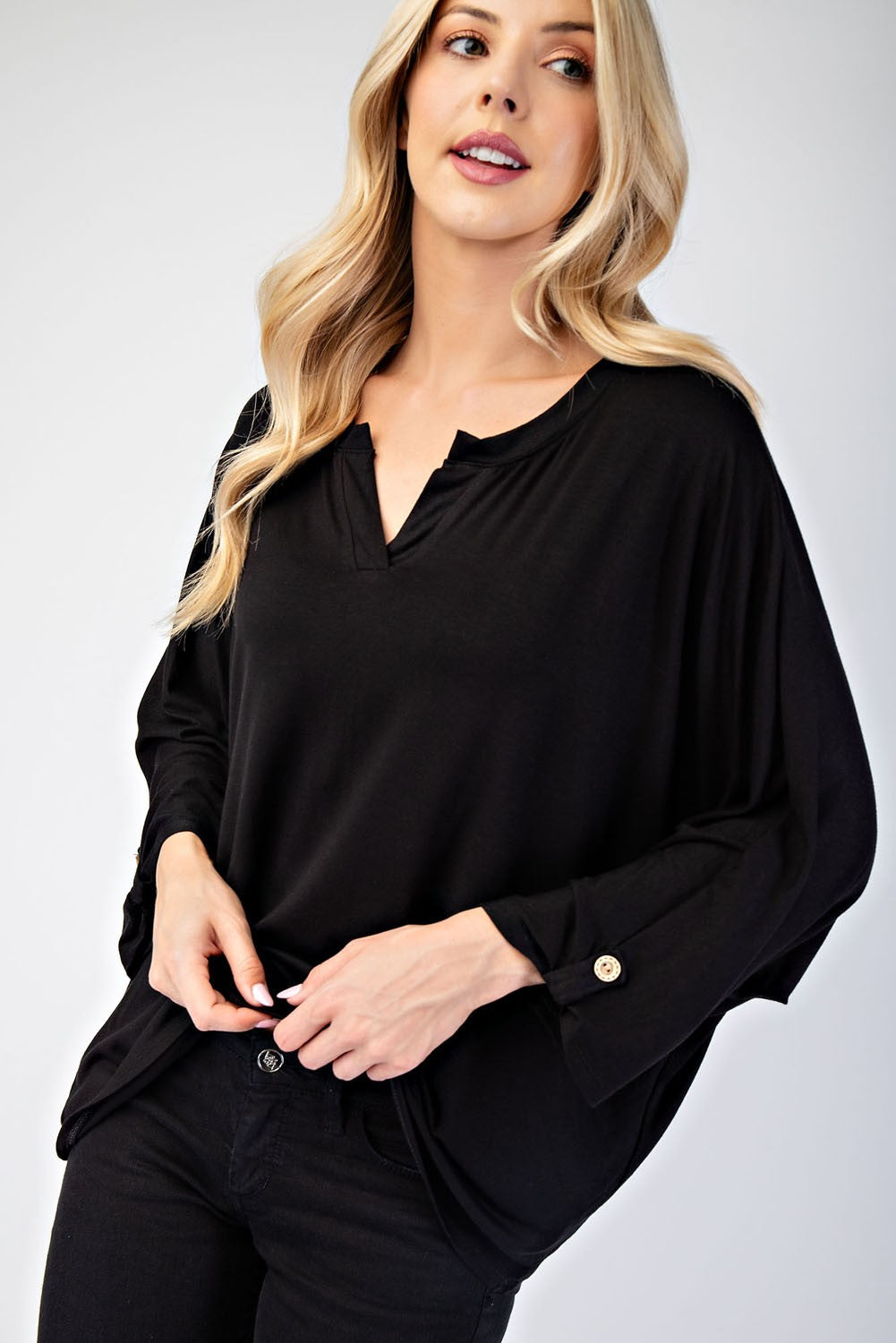 Notched Three-Quarter Sleeve Blouse