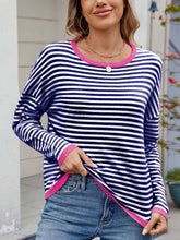 Load image into Gallery viewer, Striped Contrast Round Neck Long Sleeve Sweater (multiple color options)
