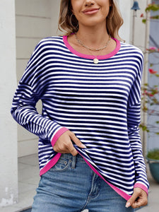 Striped Contrast Round Neck Long Sleeve Sweater (multiple color options)