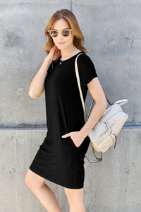 Bamboo Round Neck Short Sleeve Dress with Pockets