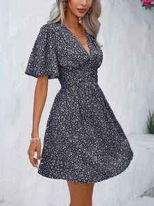 Printed V-Neck Half Sleeve Mini Dress (multiple color options)