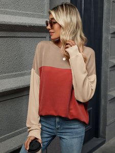 Contrast Round Neck Long Sleeve Top (multiple color options)