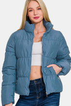 Load image into Gallery viewer, Zip Up Turtleneck Puffer Jacket with Pockets in Dusty Blue
