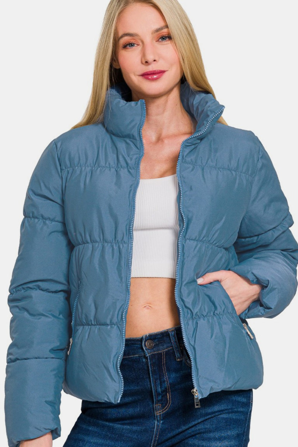 Zip Up Turtleneck Puffer Jacket with Pockets in Dusty Blue