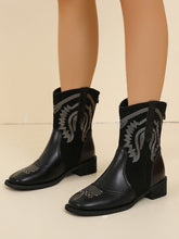 Load image into Gallery viewer, Embroidered PU Leather Block Heel Boots (2 color options)
