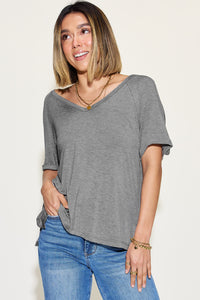 Bamboo Slit V-Neck Short Sleeve T-Shirt (multiple color options)