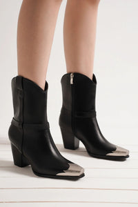 Faux Leather Metal Toe Ankle Boots in Black