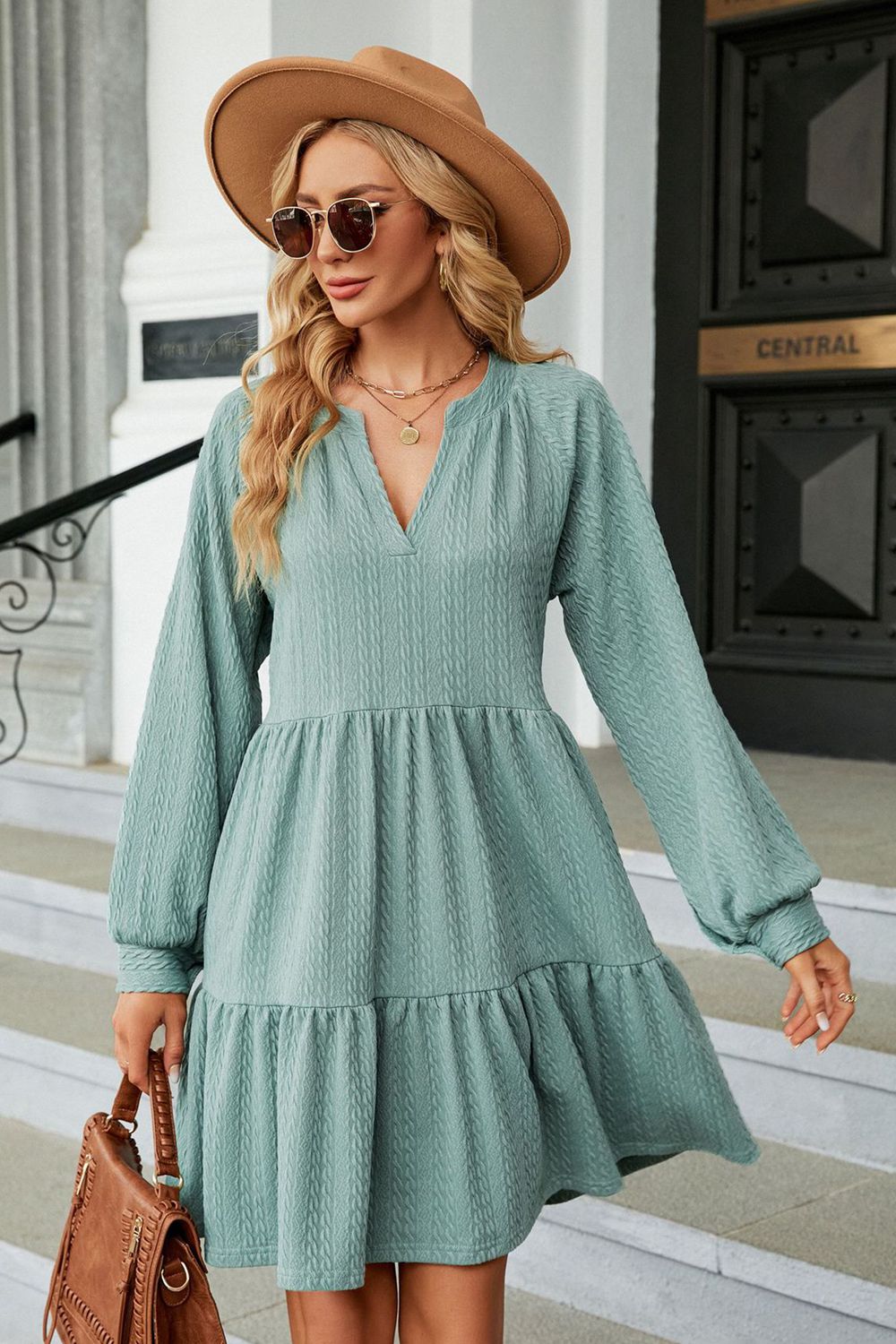 Notched Neck Long Sleeve Mini Dress (multiple color options)