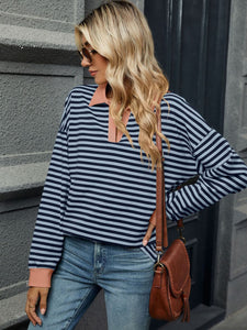 Striped Johnny Collar Long Sleeve Sweatshirt (multiple color options)