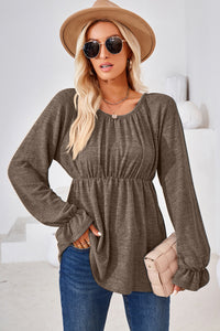 Ruched Round Neck Flounce Sleeve Blouse (multiple color options)