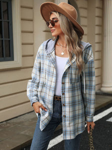 Drawstring Plaid Button Up Hooded Jacket (multiple color options)