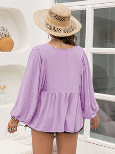 Swiss Dot Tie Neck Long Sleeve Blouse in Pinkish Purple