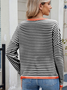 Striped Contrast Round Neck Long Sleeve Sweater (multiple color options)