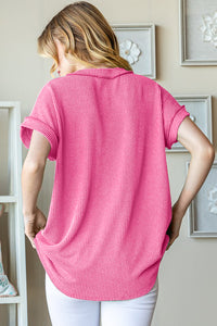 Front Pocket Short Sleeve Ribbed Top in Pink