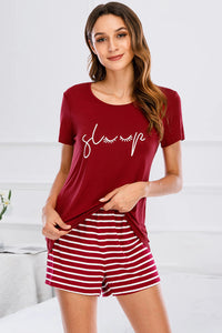 Graphic Round Neck Top and Striped Shorts Lounge PJ Set (multiple color options)