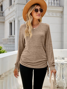 Drawstring V-Neck Long Sleeve Top (multiple color options)