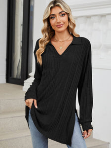 Slit Johnny Collar Long Sleeve Top (multiple color options)