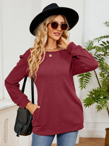 Ruched Shoulder Round Neck Long Sleeve Sweatshirt (multiple color options)