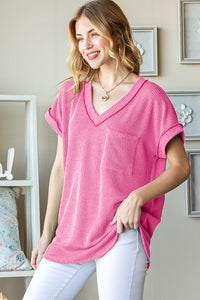 Front Pocket Short Sleeve Ribbed Top in Pink