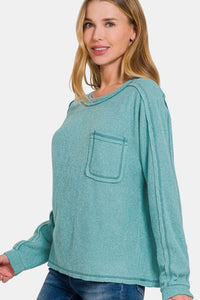 Contrast Stitching Brushed Ribbed Hacci Knit Top in Teal