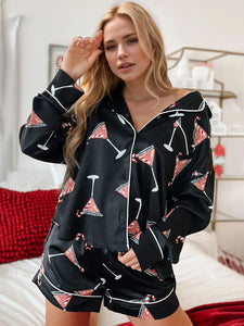 Printed Collared Neck Long Sleeve Top and Shorts Pajama Set (multiple color options)