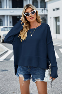 Round Neck Dropped Shoulder Slit Sweater (multiple color options)