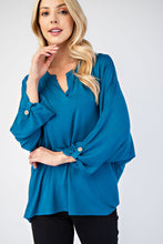 Load image into Gallery viewer, Notched Three-Quarter Sleeve Blouse in Teal
