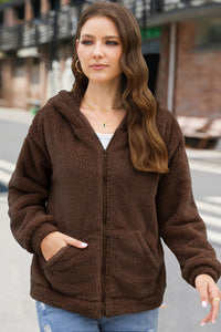 Zip Up Long Sleeve Fuzzy Hooded Outerwear (multiple color options)