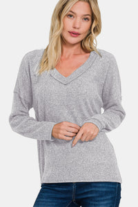 Ribbed V-Neck Drop Shoulder Top in Grey