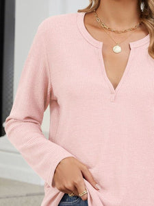 Waffle-Knit Notched Long Sleeve Top (multiple color options)