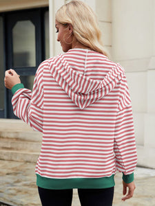 Drawstring Striped Zip Up Long Sleeve Hoodie (multiple color options)