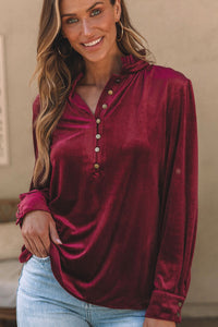 Frill Half Button Mock Neck Long Sleeve Blouse (multiple color options)