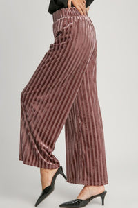 Elastic Waist Striped Wide Leg Velvet Pants in Burgundy