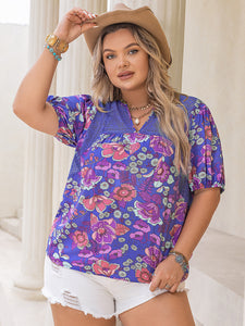 Printed Notched Short Sleeve Blouse