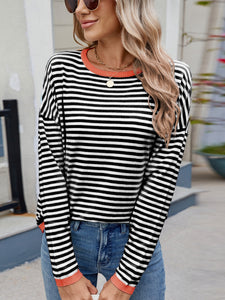 Striped Contrast Round Neck Long Sleeve Sweater (multiple color options)