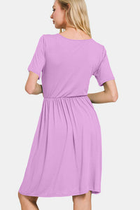 Surplice Short Sleeve Brushed DTY Dress in Pink Purple