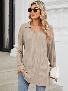 Slit Johnny Collar Long Sleeve Top (multiple color options)