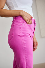 Load image into Gallery viewer, RFM &quot;Chloe&quot; Tummy Control High Waist Cropped Wide Leg Raw Hem Jeans in Pink Rouge
