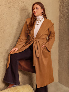 Tied Long Sleeve Hooded Coat with Pockets