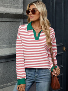 Striped Johnny Collar Long Sleeve Sweatshirt (multiple color options)