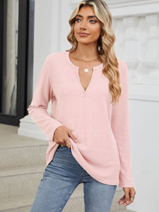 Waffle-Knit Notched Long Sleeve Top (multiple color options)