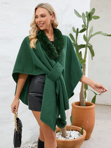 Fuzzy Trim Open Front Poncho (multiple color options)