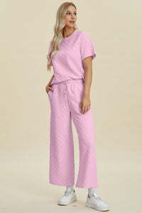 Texture Round Neck Short Sleeve Top and Pants Set  (multiple color options)