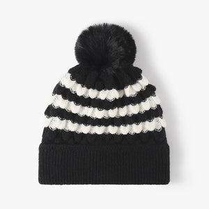 Striped Contrast Knit Hat with Pom-pom (multiple color options)