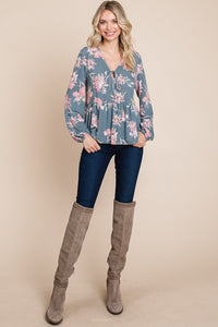 Babydoll Floral Long Sleeve Blouse in Blue